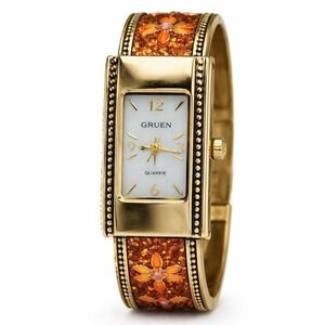 Gruen Y2K Quartz Women's Bracelet Watch Blue Dial Floral Enamel Not Tested Gold.